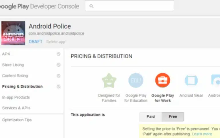 google play page de cours développeur avec un certain nombre d'options